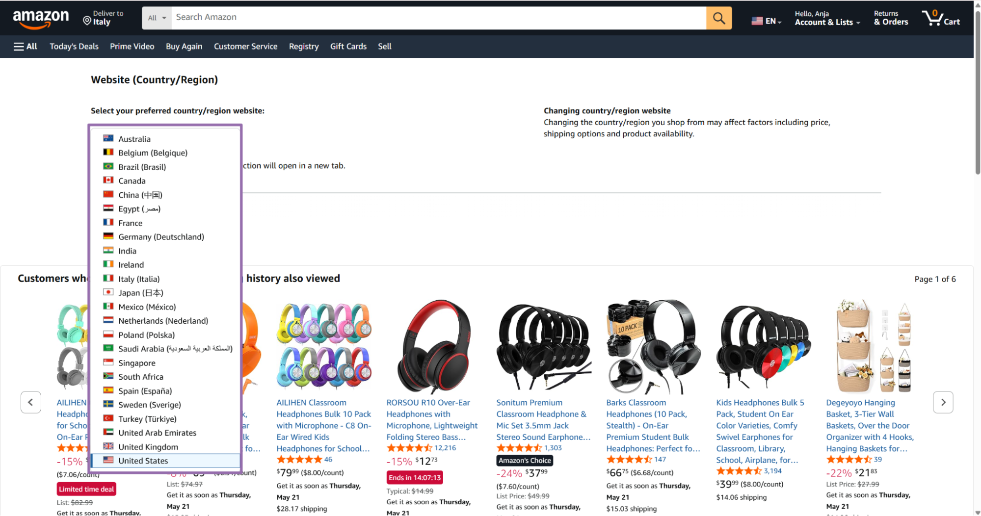 Amazon country selection page with Italy highlighted