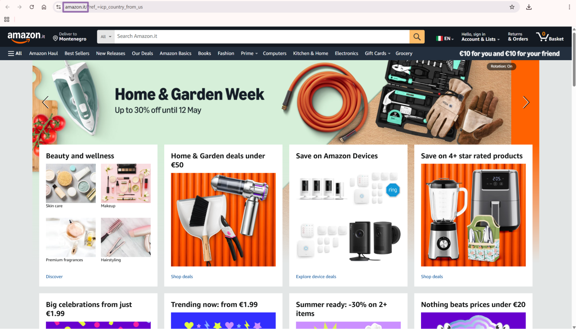 Amazon Italy homepage after switching marketplace