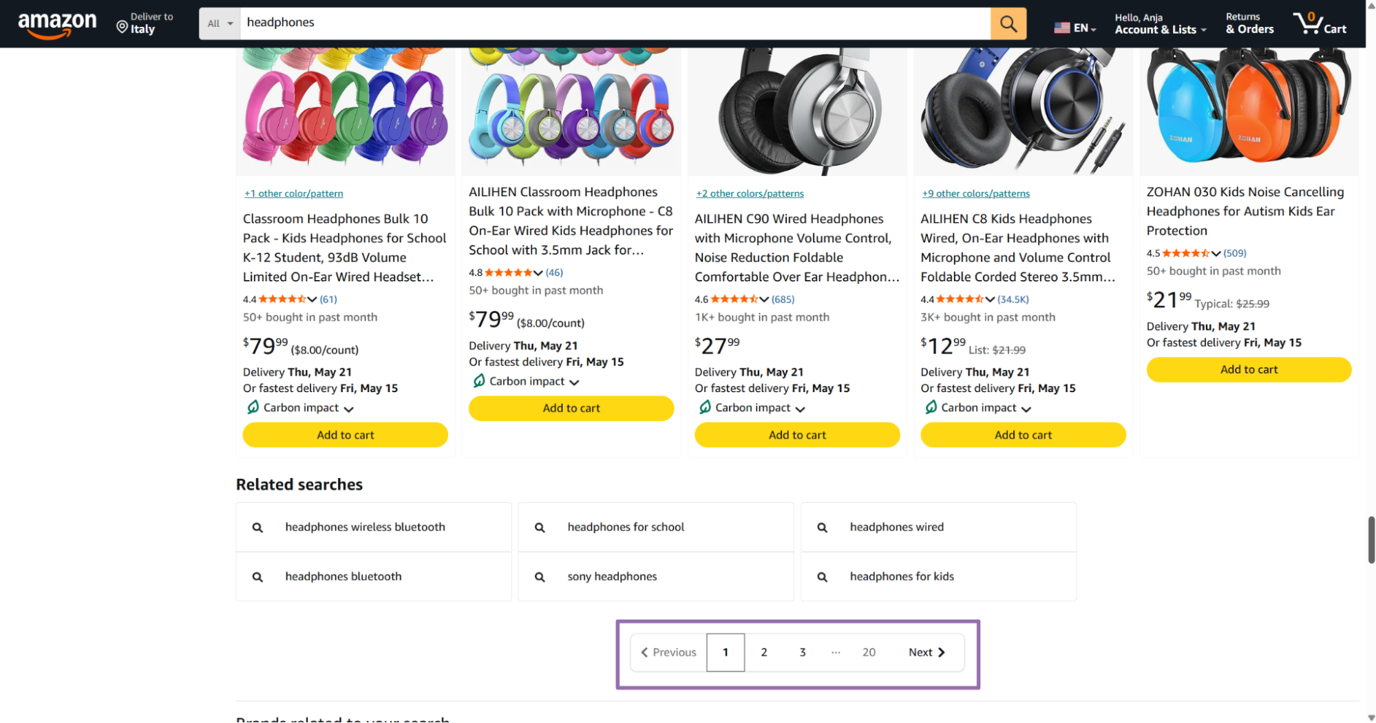 Amazon Italy headphones results with the results URL