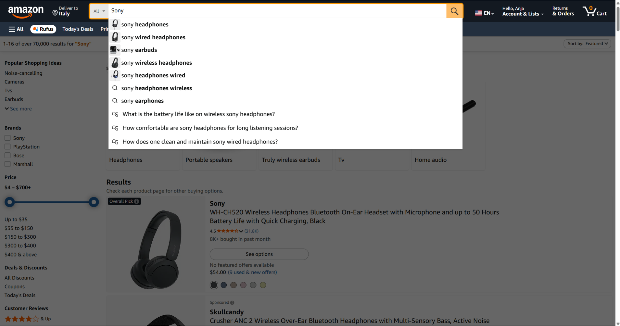 Searching Sony on Amazon to find a seller