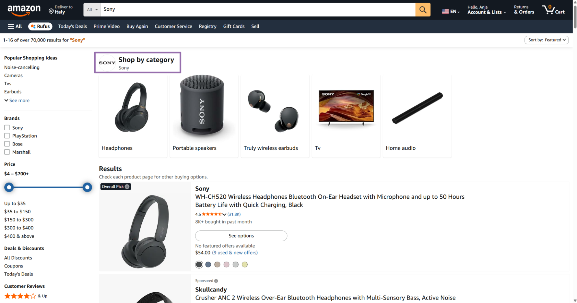 Amazon Sony brand results page