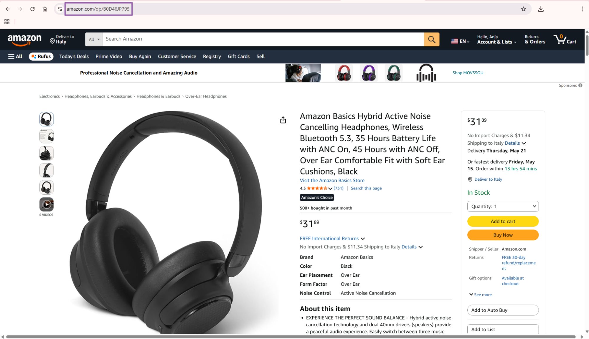 Amazon Basics Hybrid Active Noise Cancelling Headphones detail page