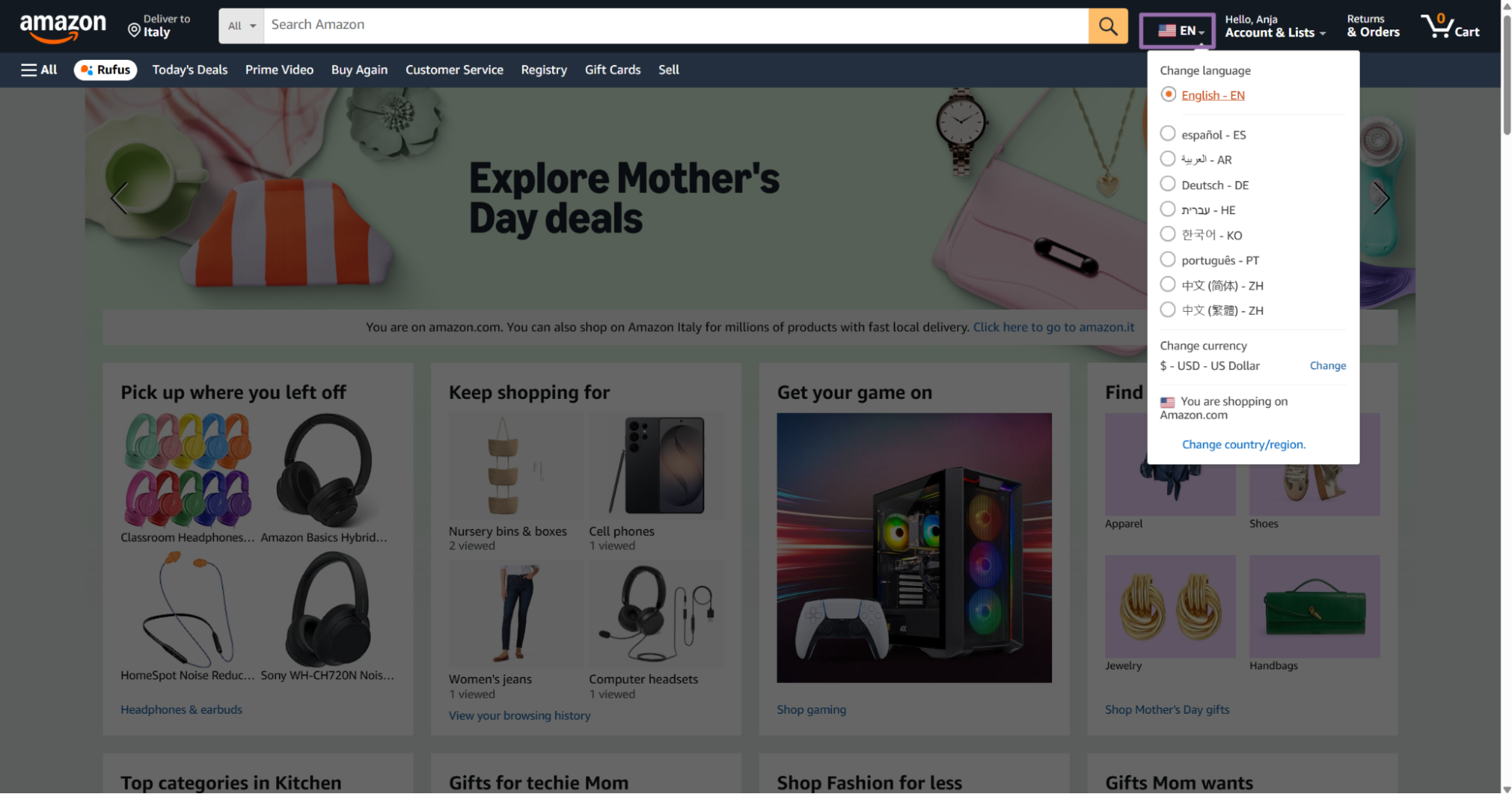 Amazon Mother's Day homepage with language and region selector open