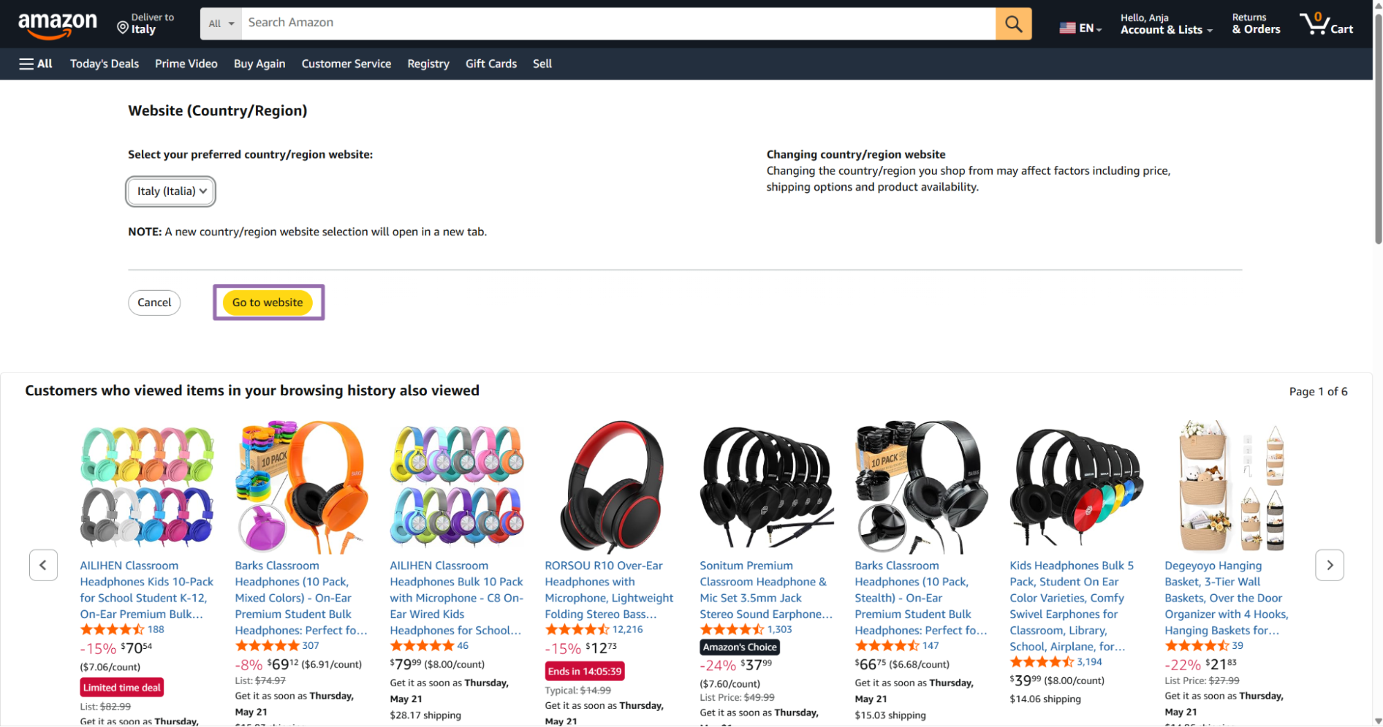 Amazon region dialog with Italy selected and Go to website button