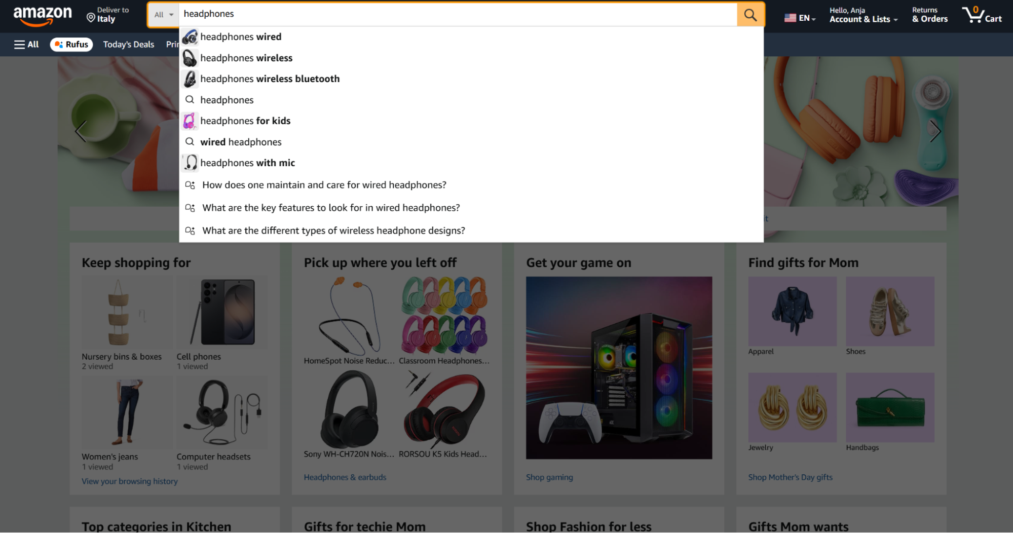 Amazon homepage search bar suggesting headphones keyword autocomplete options