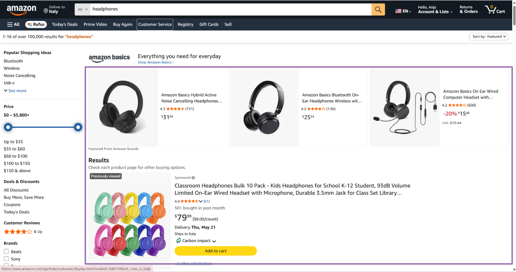 Amazon headphones search results grid with Amazon Basics products