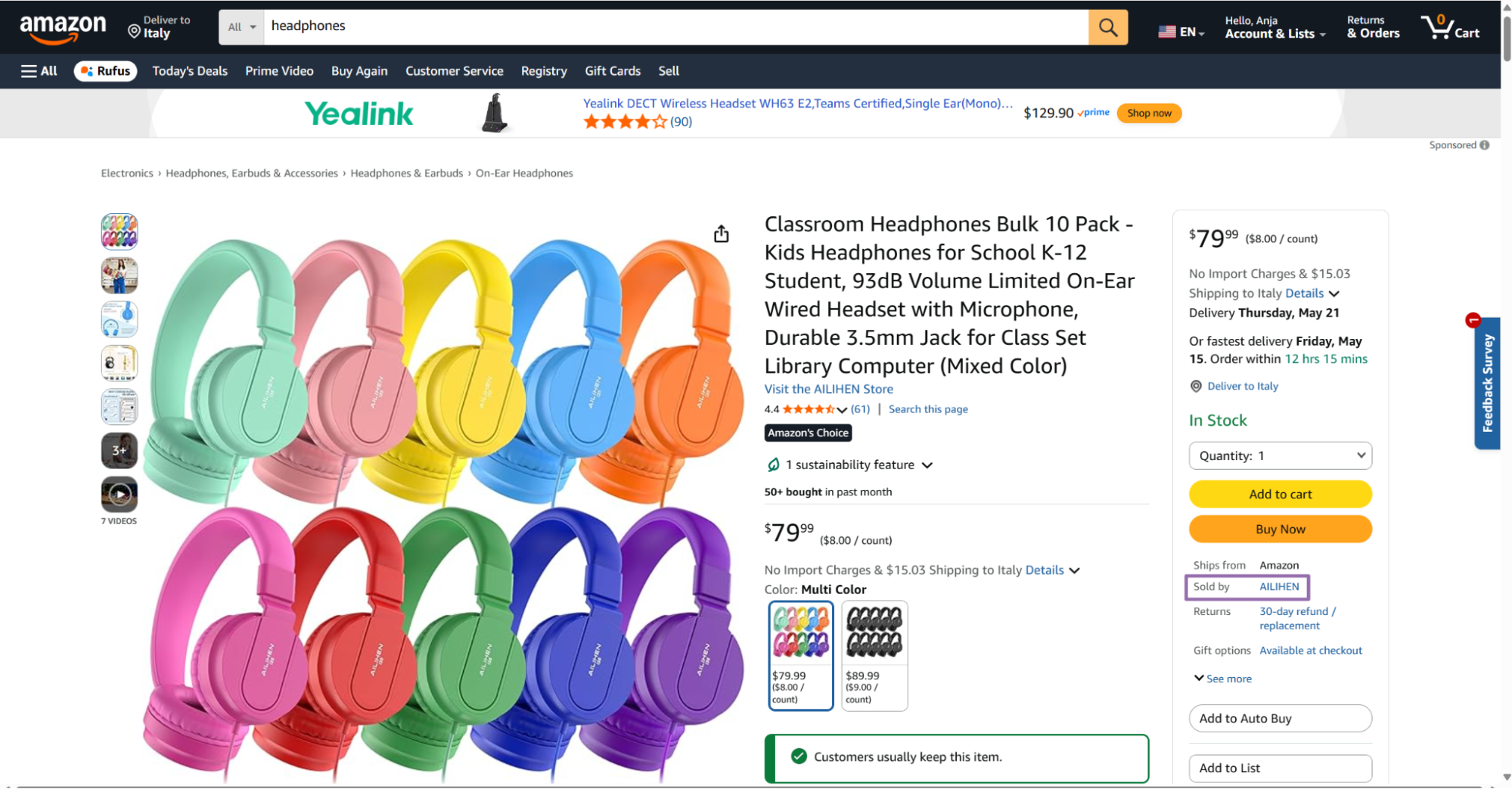 Amazon product page for Classroom Headphones Bulk 10 Pack