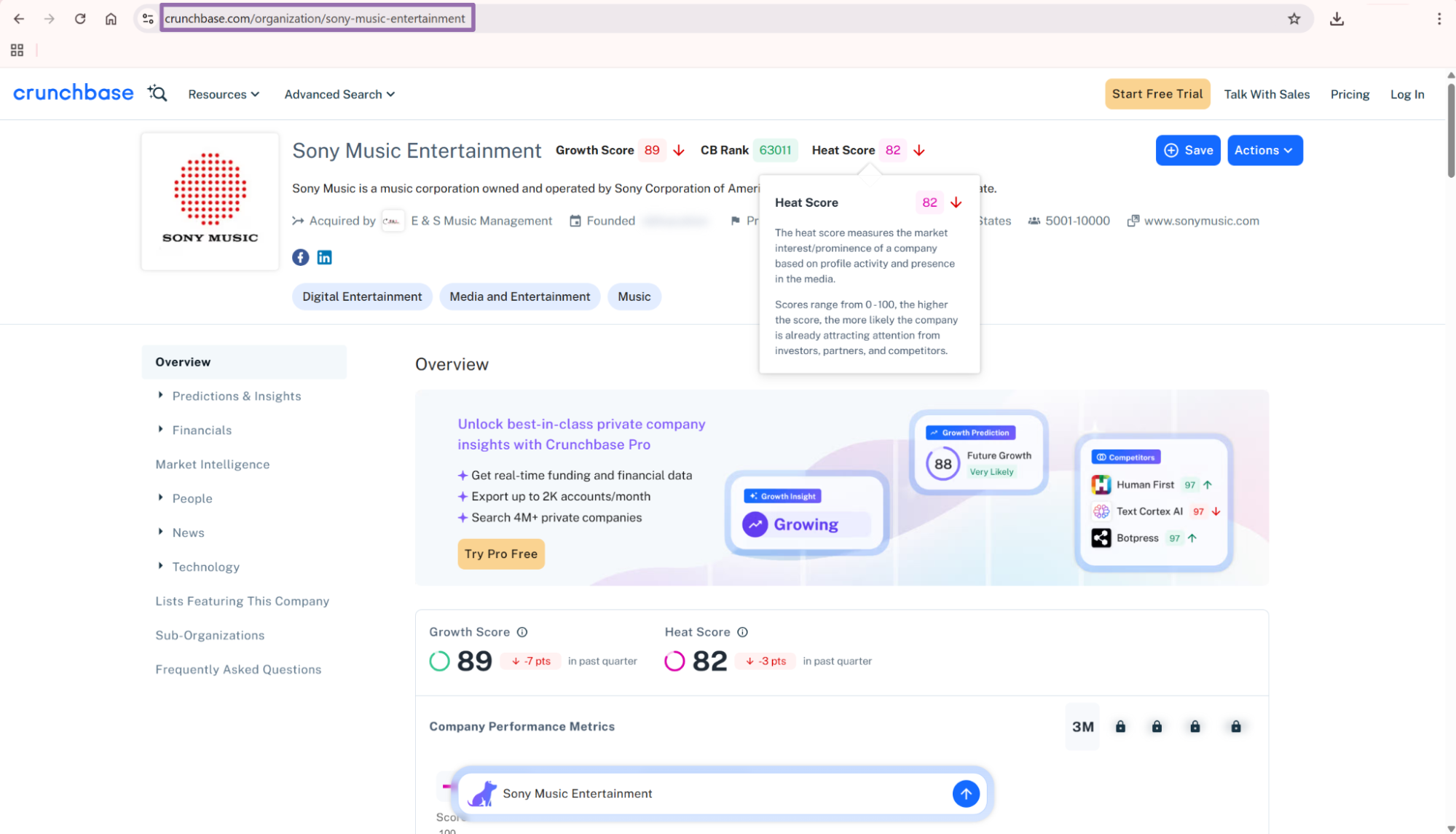 Crunchbase Sony Music Entertainment company profile with organization URL