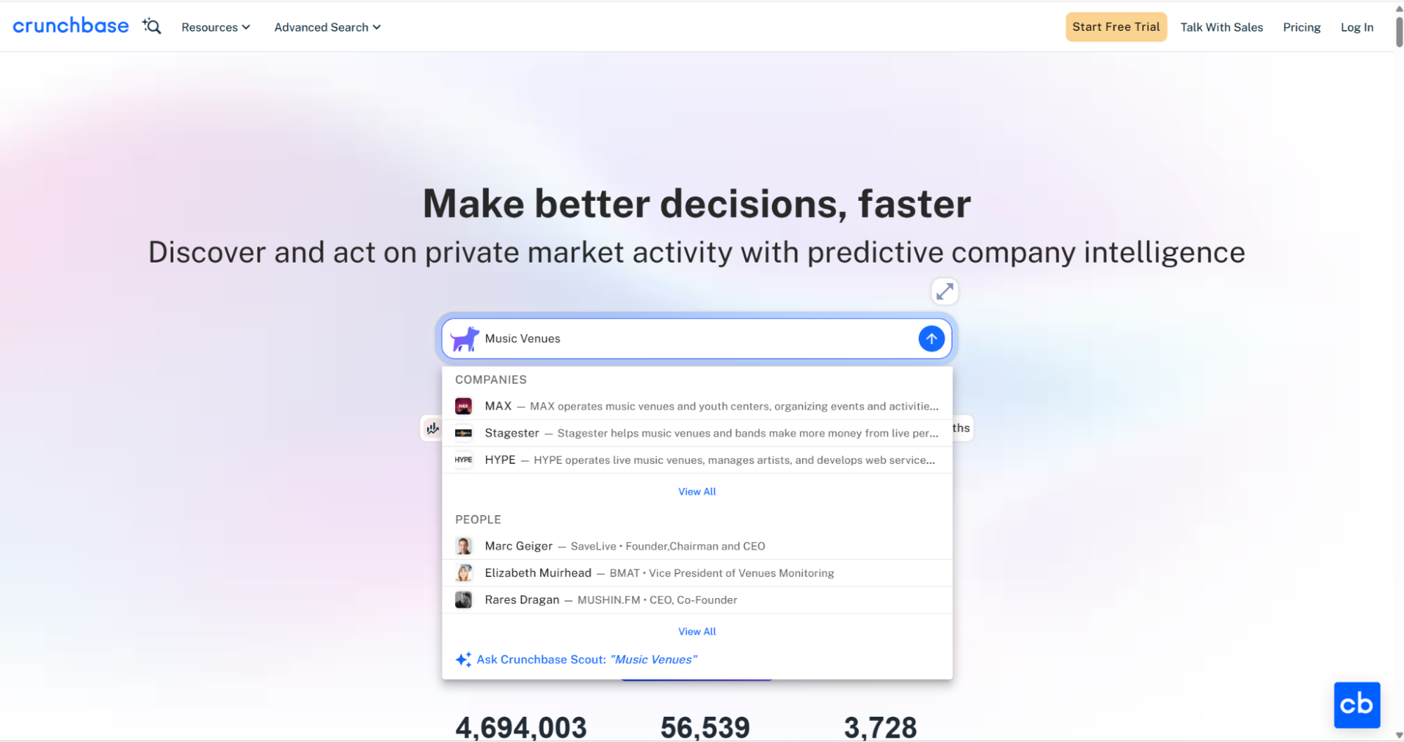 Crunchbase homepage search suggesting Music Venues keyword company matches
