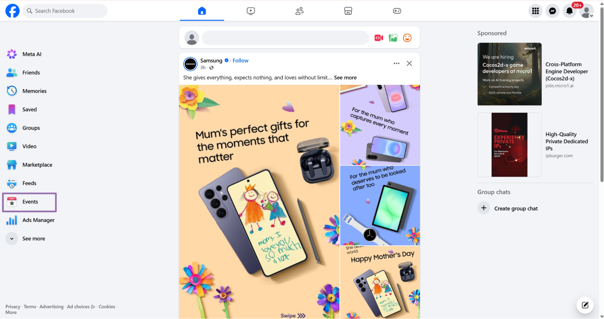 Facebook home feed with Events link highlighted in left sidebar