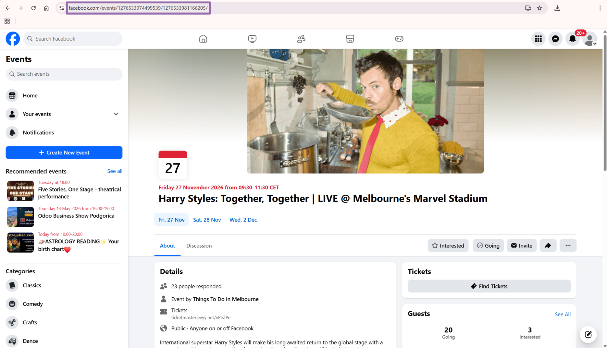 Facebook event page for Harry Styles Melbourne show with URL