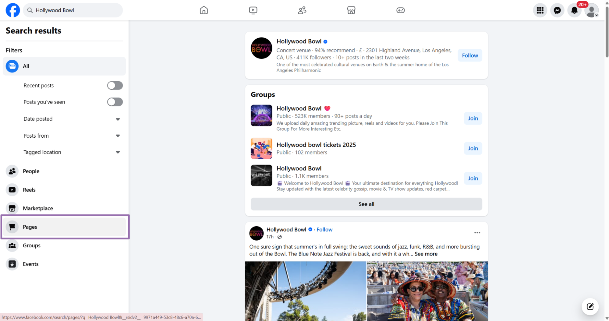 Facebook Hollywood Bowl search results with Pages filter highlighted
