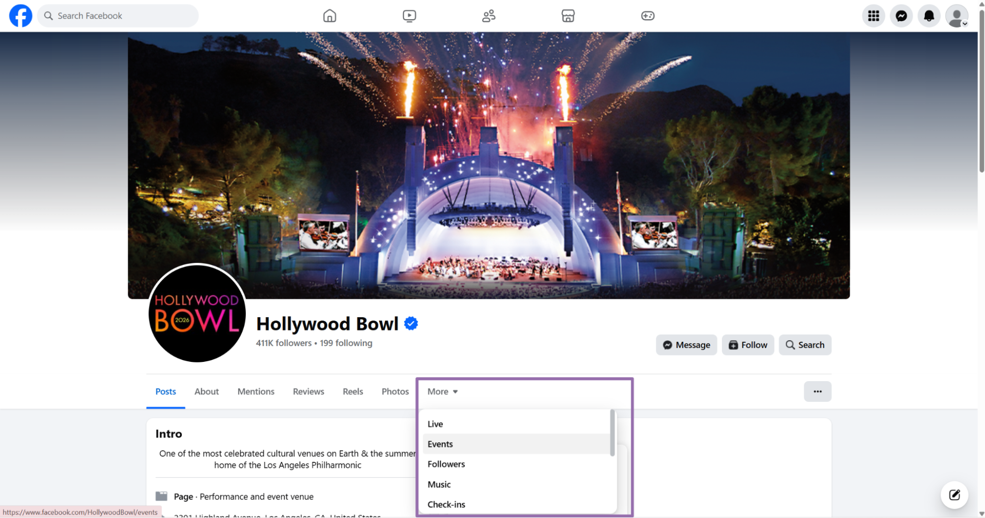 Facebook Hollywood Bowl page More menu showing Events option