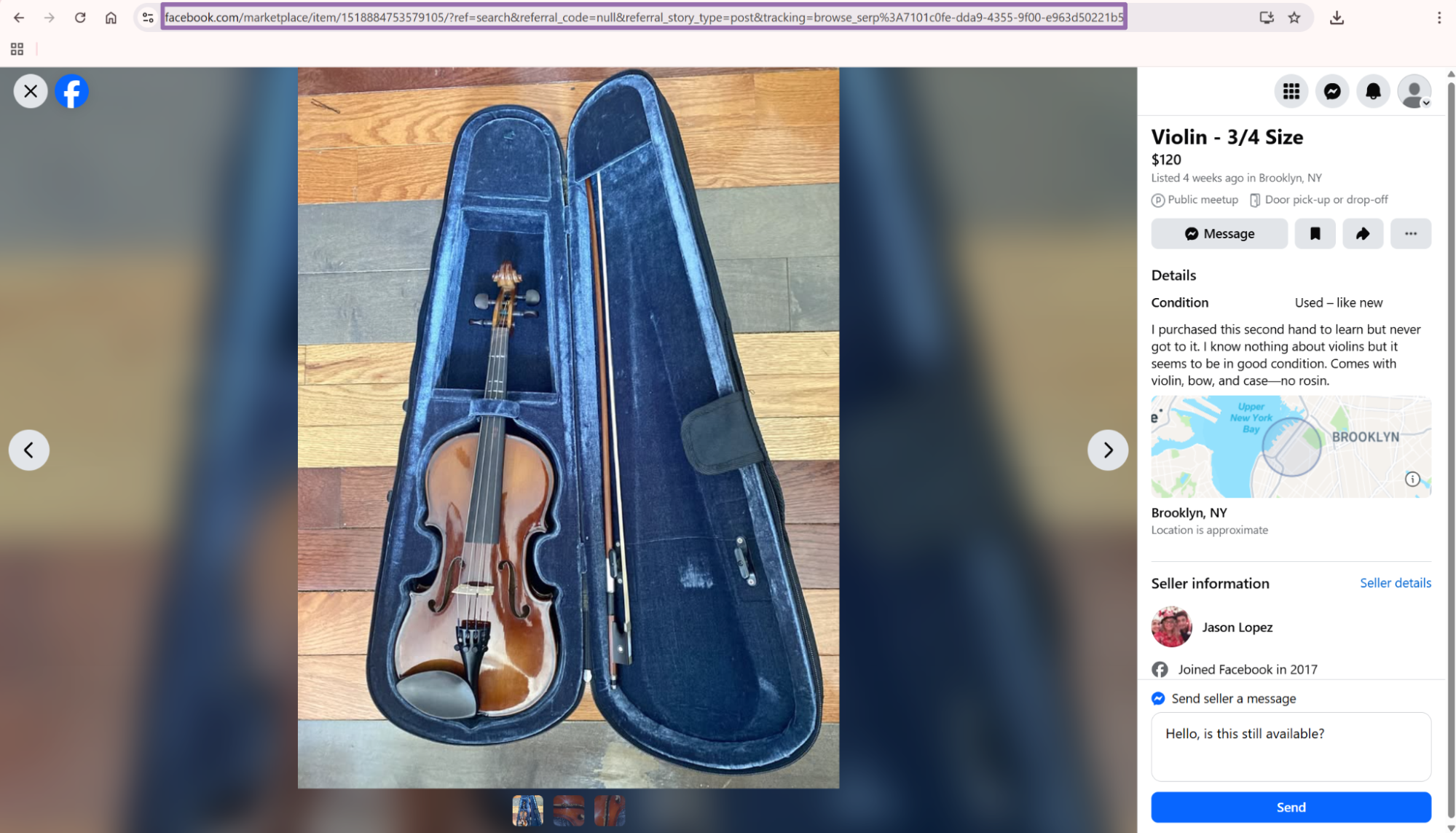 Facebook Marketplace Violin 3/4 listing detail page with item URL