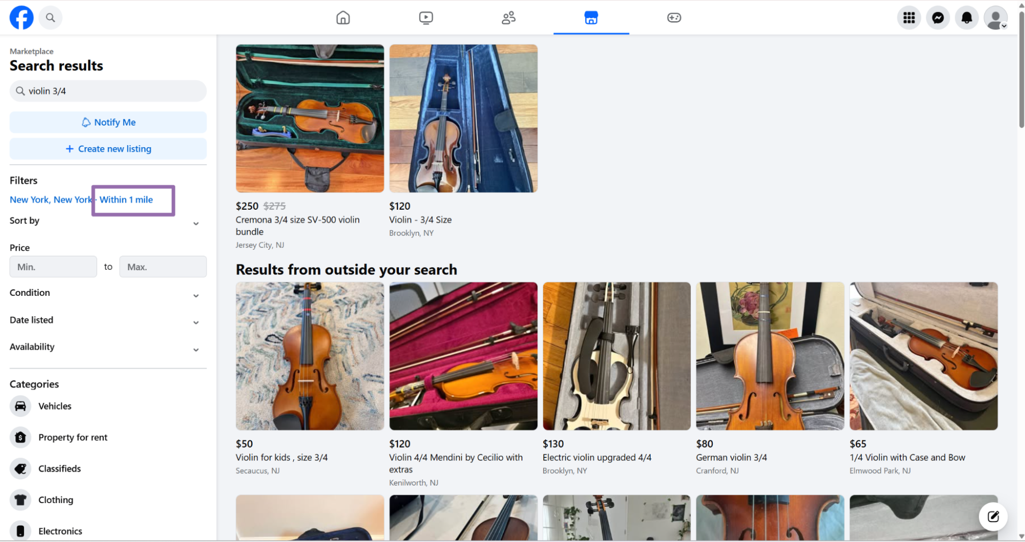 Facebook Marketplace radius filter highlighting Within 1 mile option