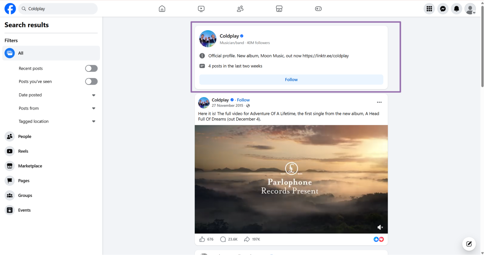 Facebook Coldplay search results highlighting official verified musician page