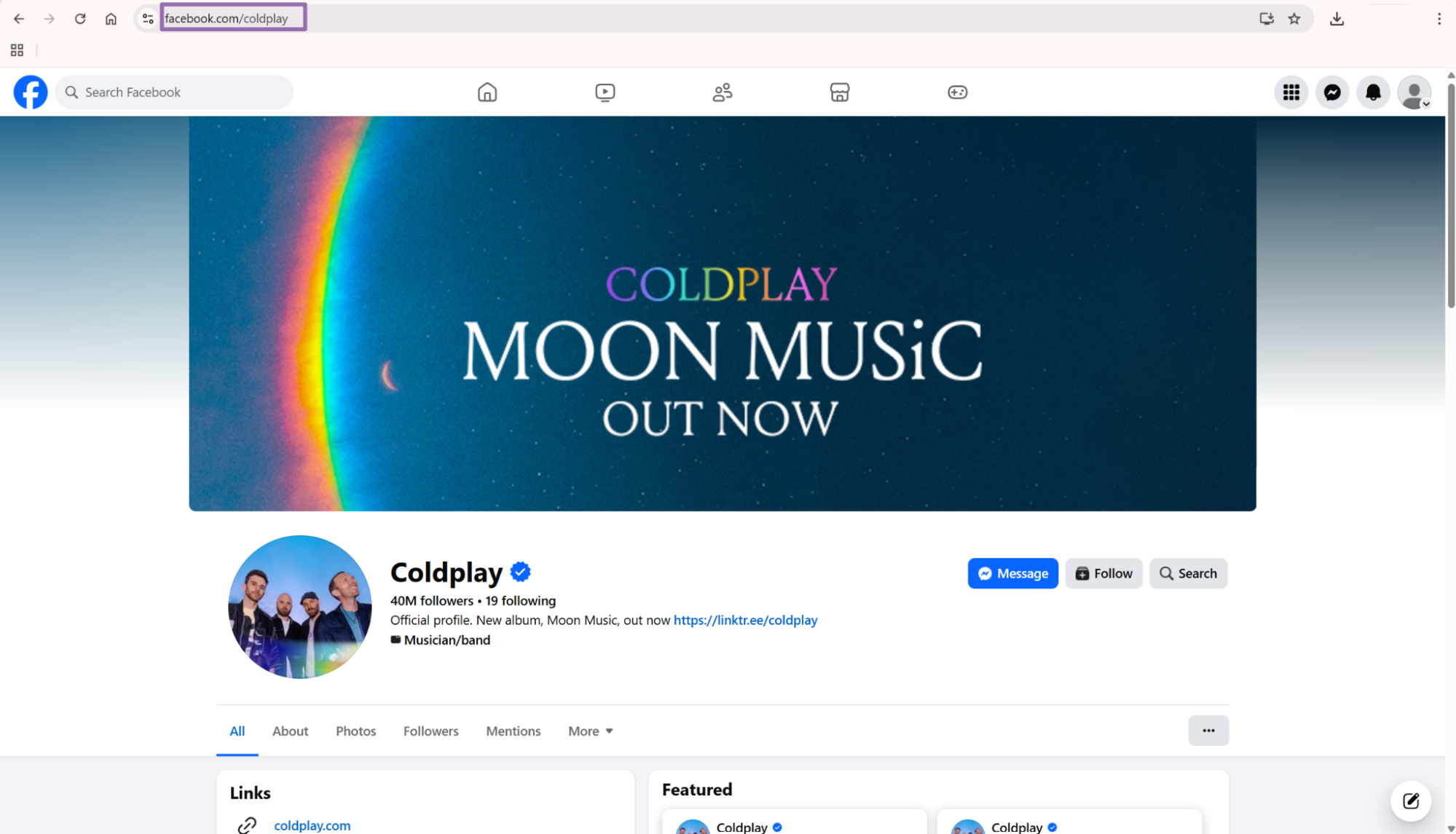 Facebook Coldplay Moon Music page profile with URL in address bar