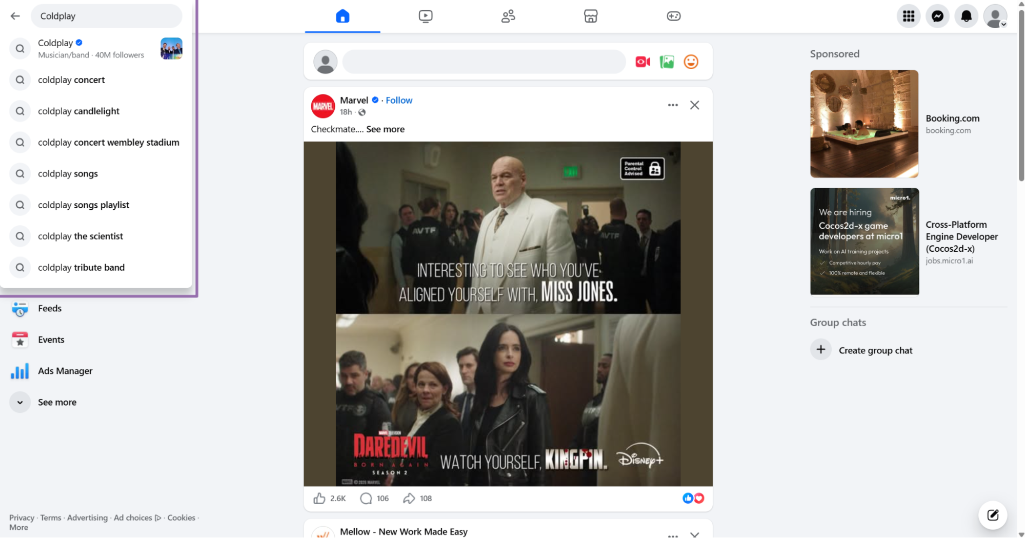 Facebook search bar autocompleting Coldplay page and music suggestions