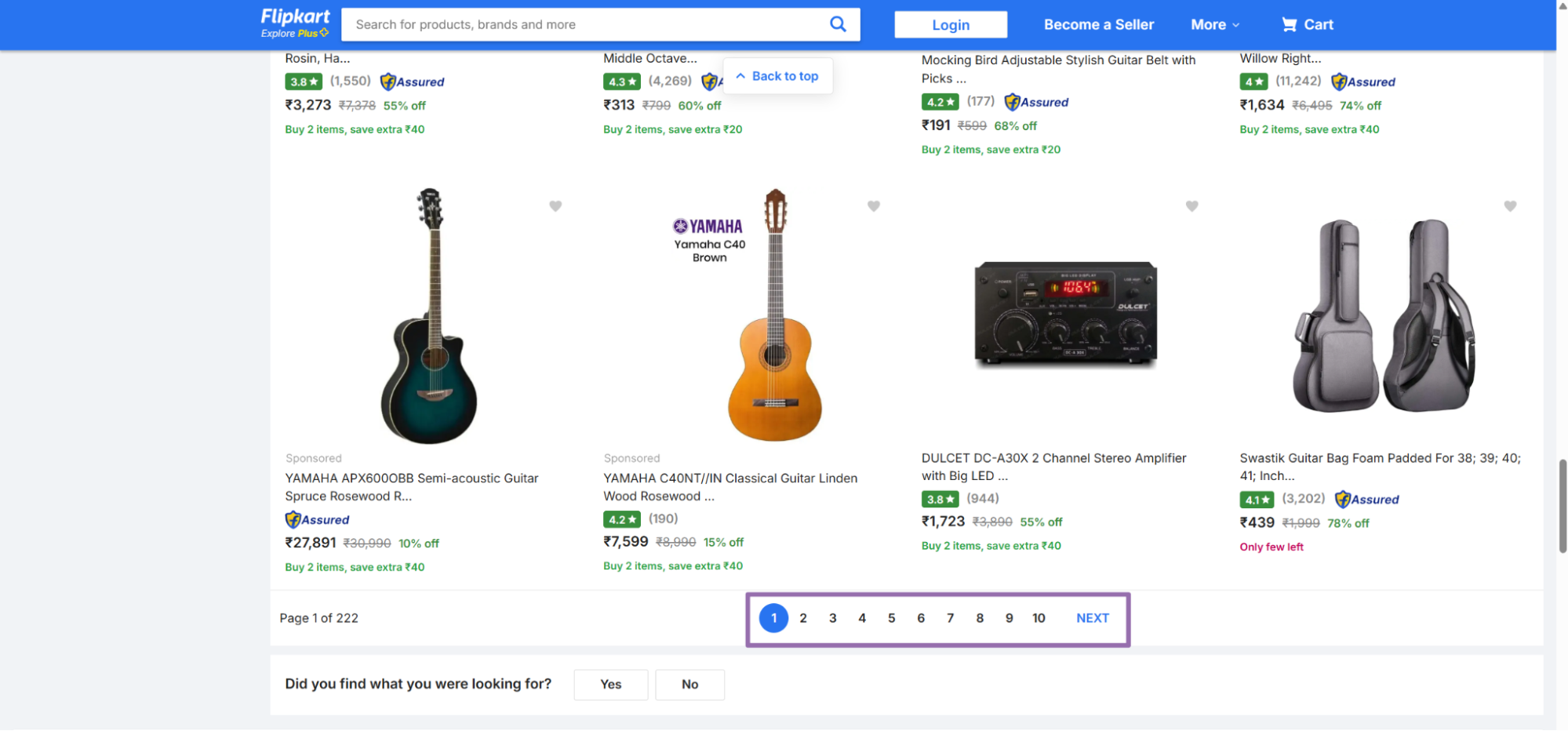Flipkart guitar and amplifier listings with page navigation at bottom