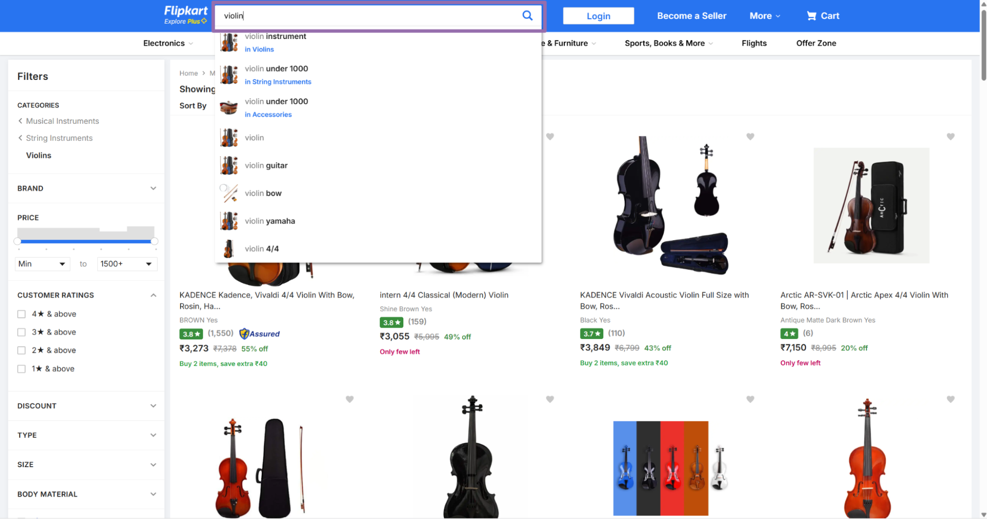 Flipkart violin keyword search with suggestions and Violin brand filter