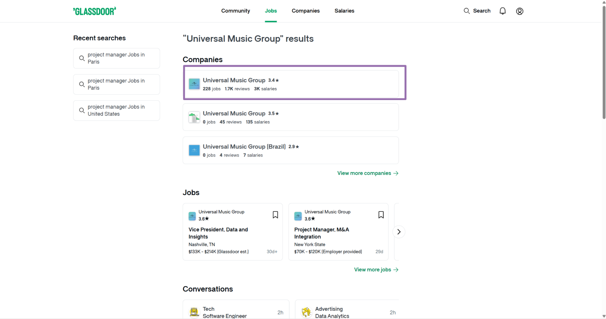 Universal Music Group company in Glassdoor search results
