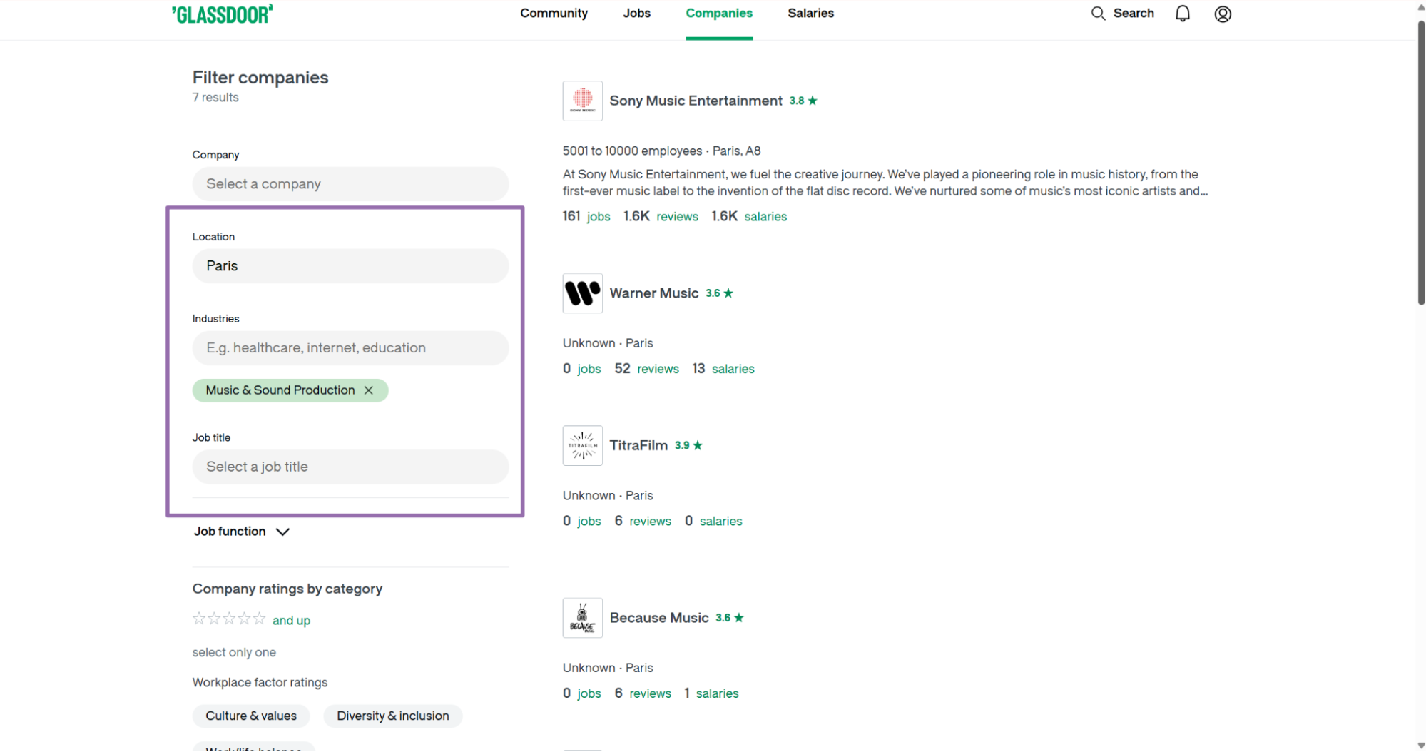 Glassdoor Explore companies page with the filter panel