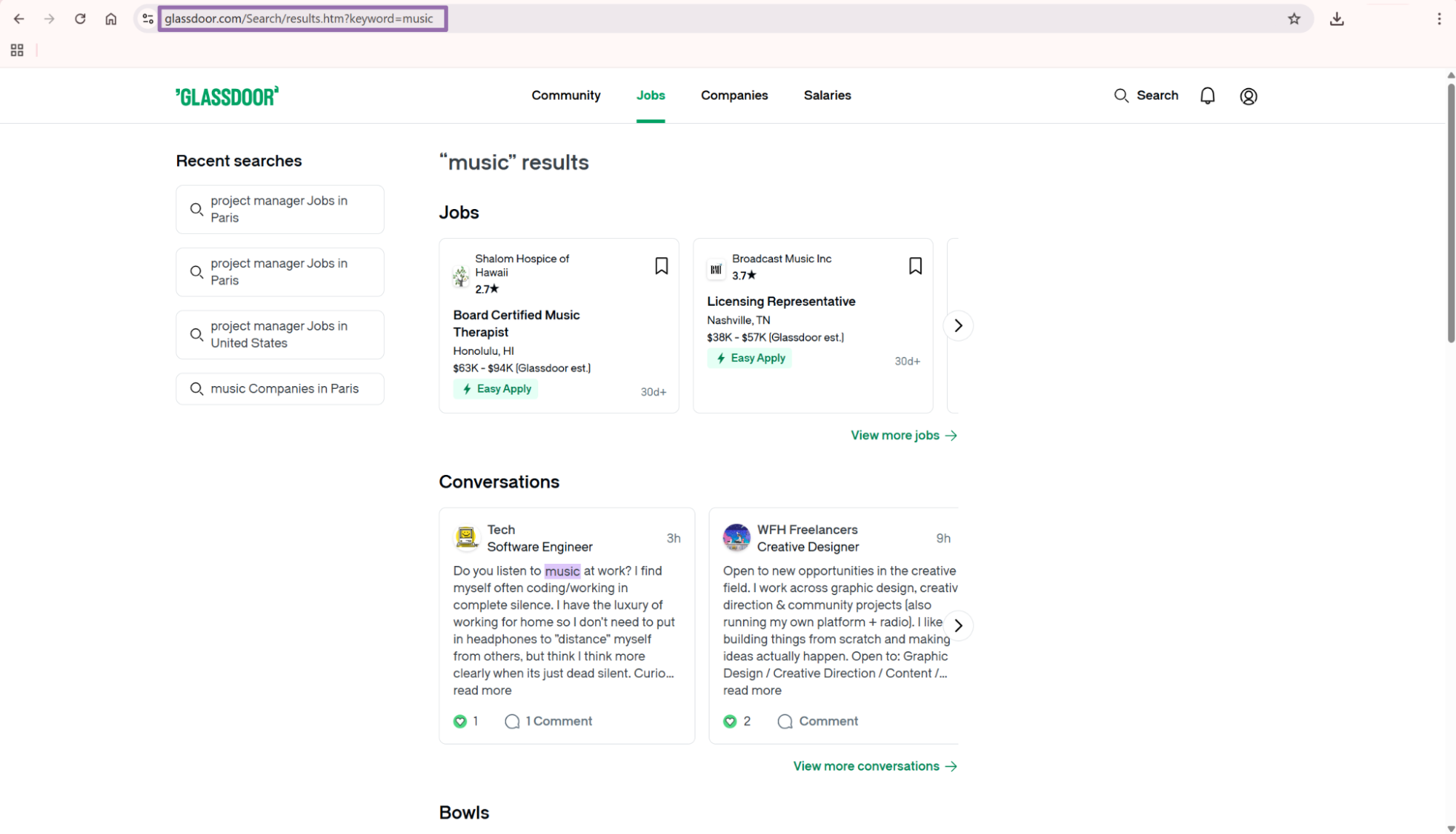 Glassdoor results page for the music keyword search