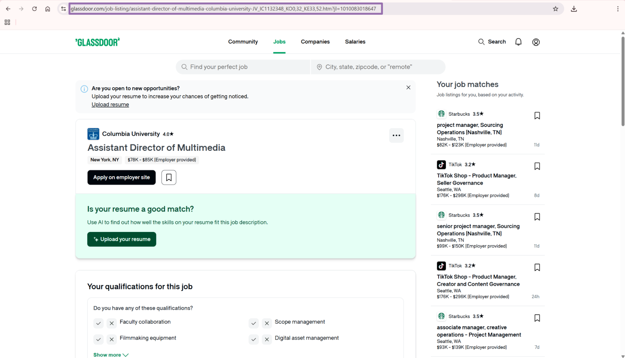 Glassdoor job detail page with full URL highlighted in address bar