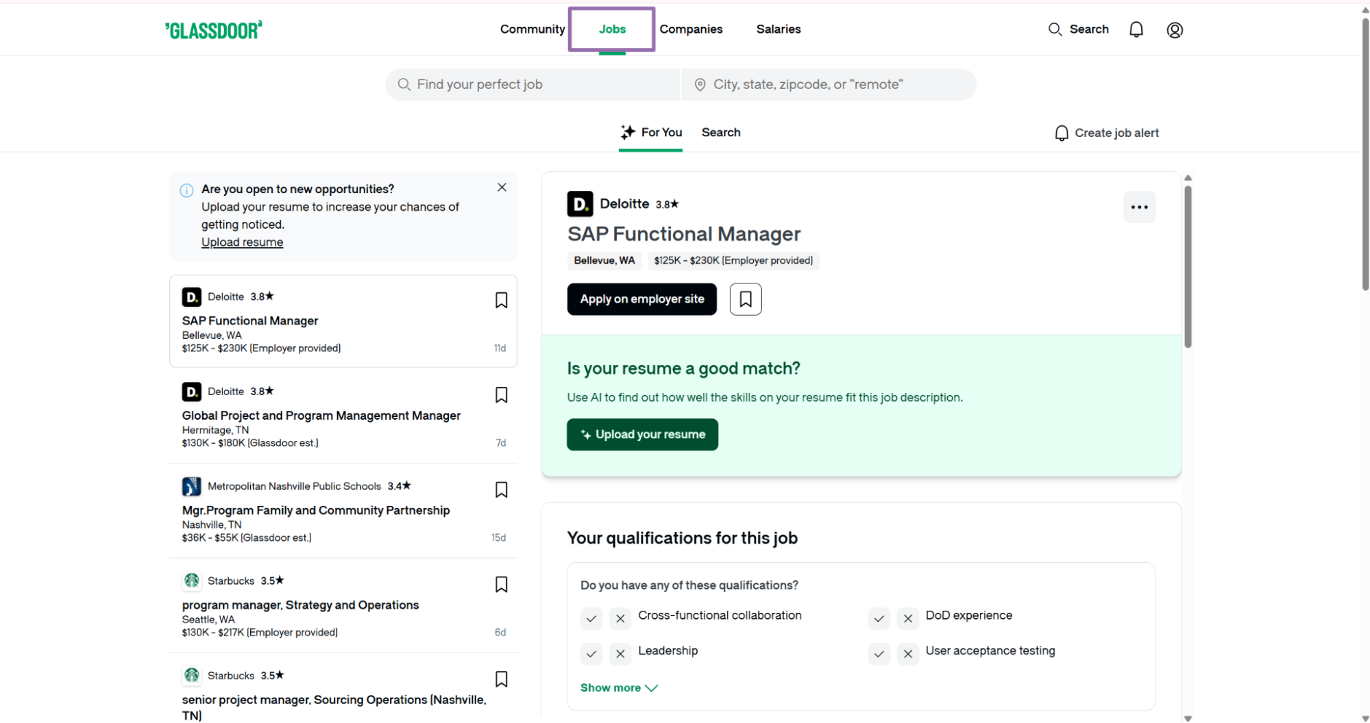 Glassdoor Jobs homepage with empty search before entering keyword