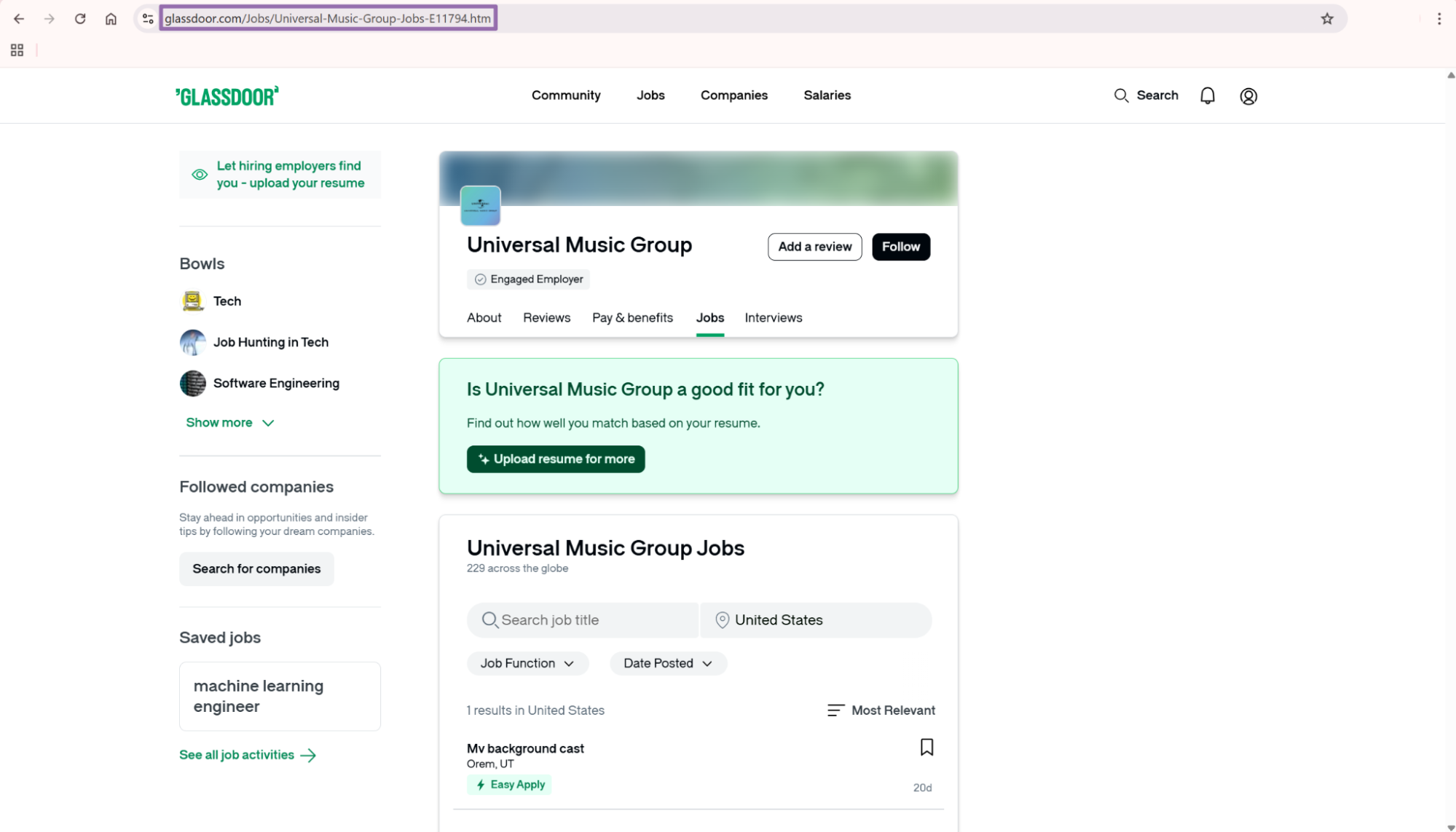 Glassdoor Universal Music Group Jobs page URL highlighted in address bar