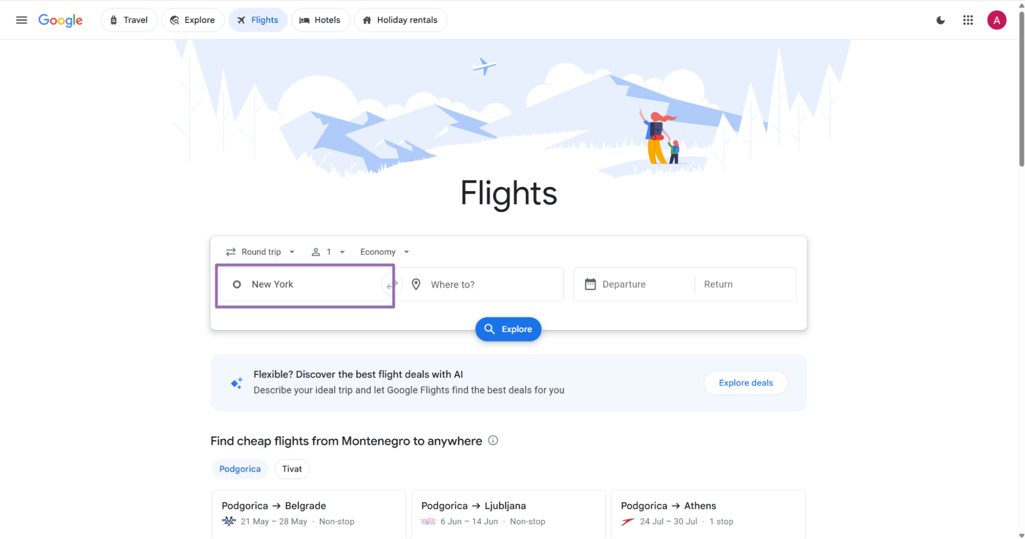 Google Flights origin field with New York entered