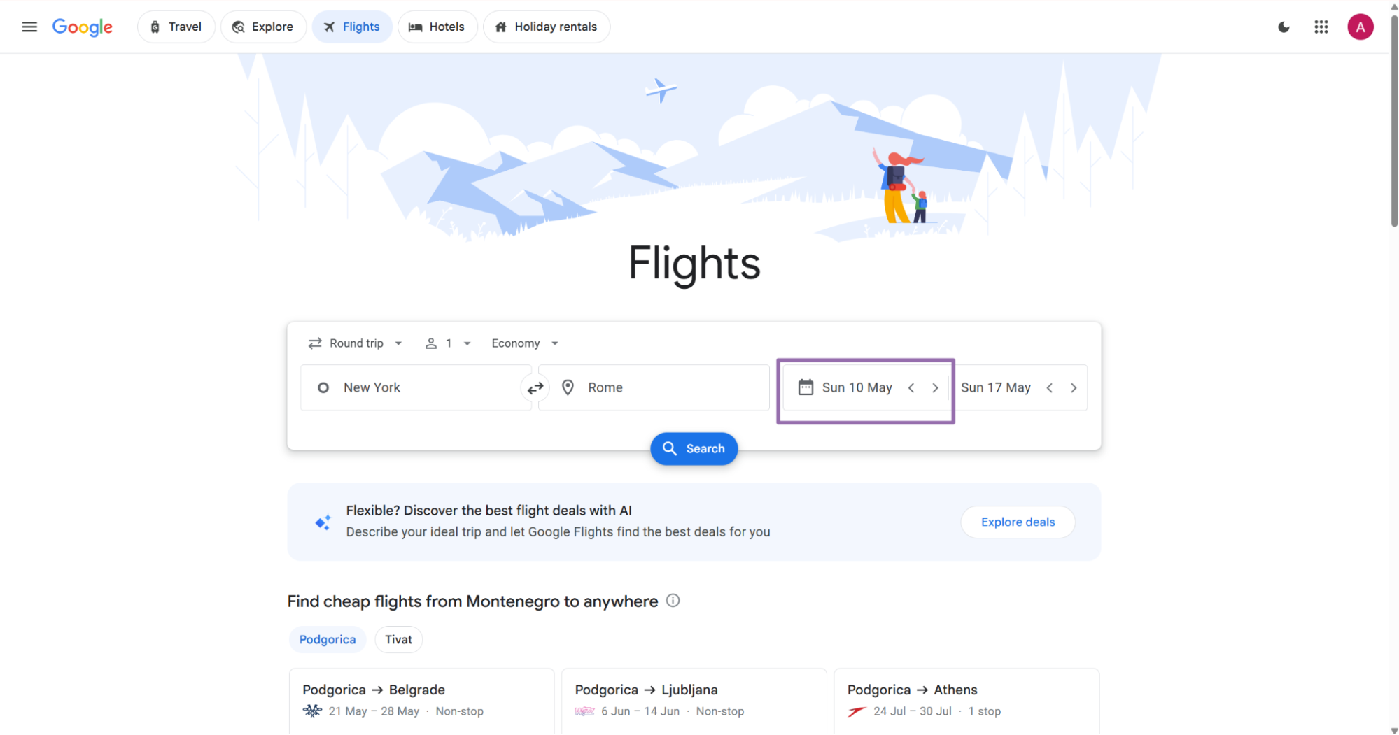 Google Flights departure date highlighting Sun 10 May