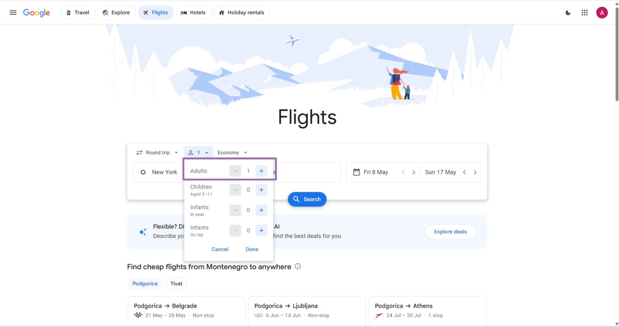Google Flights passenger selector with Children row highlighted