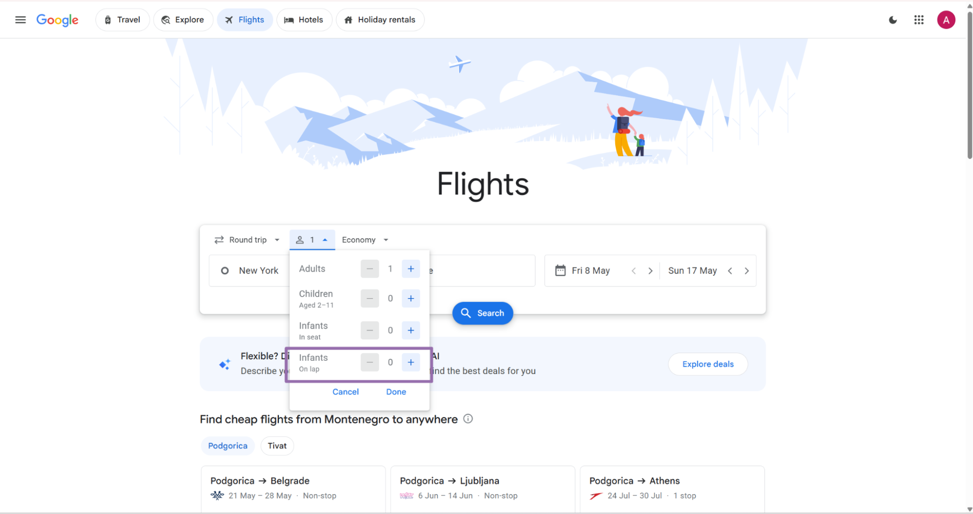 Google Flights passenger selector with Infants on lap highlighted