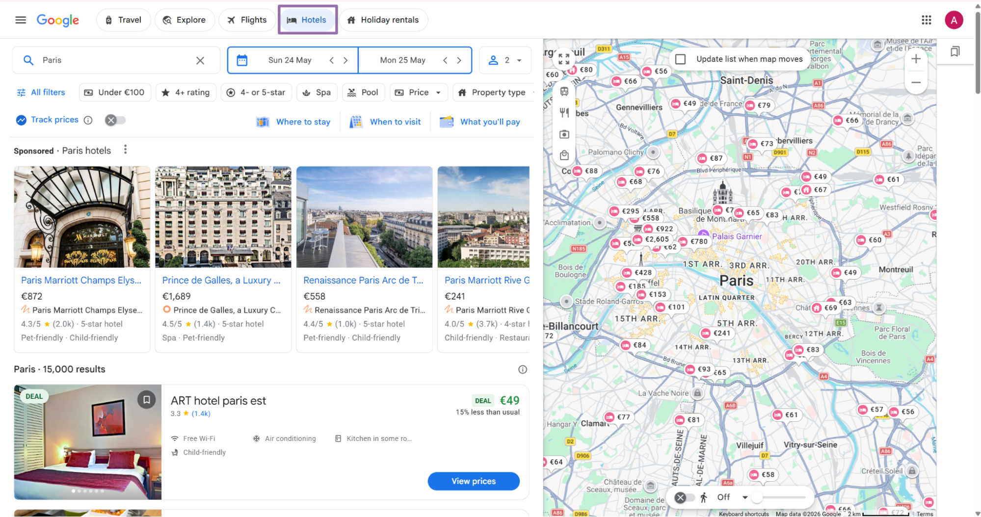 Google Travel Hotels tab showing Paris hotel results beside map