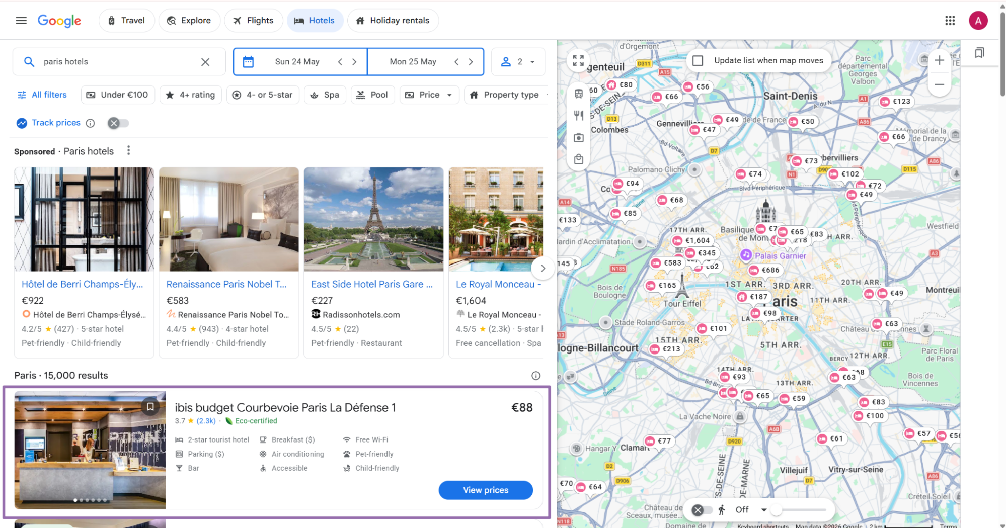 Google Hotels results highlighting ibis budget Courbevoie Paris La Defense card