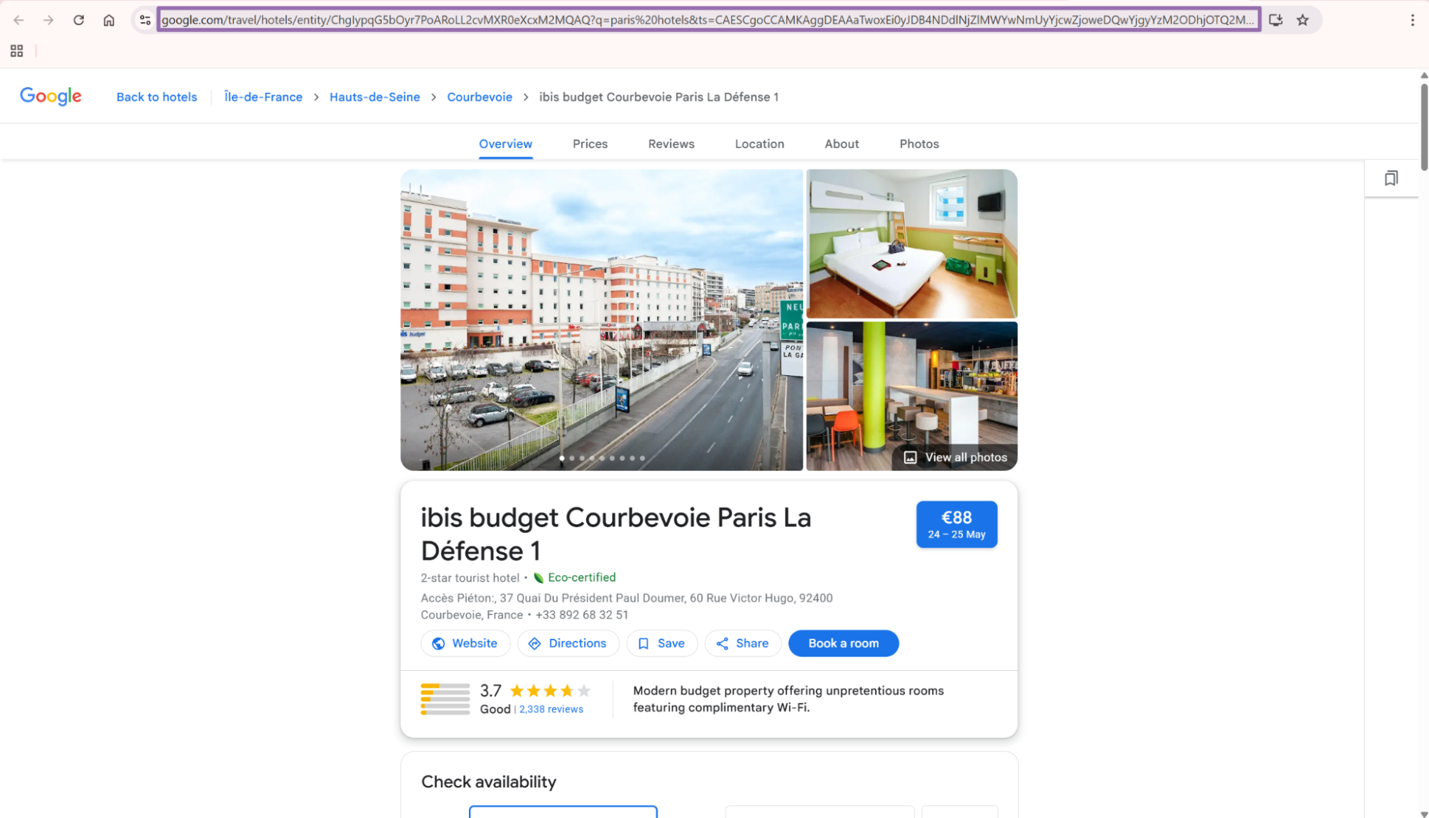Google Hotels ibis budget entity page URL highlighted