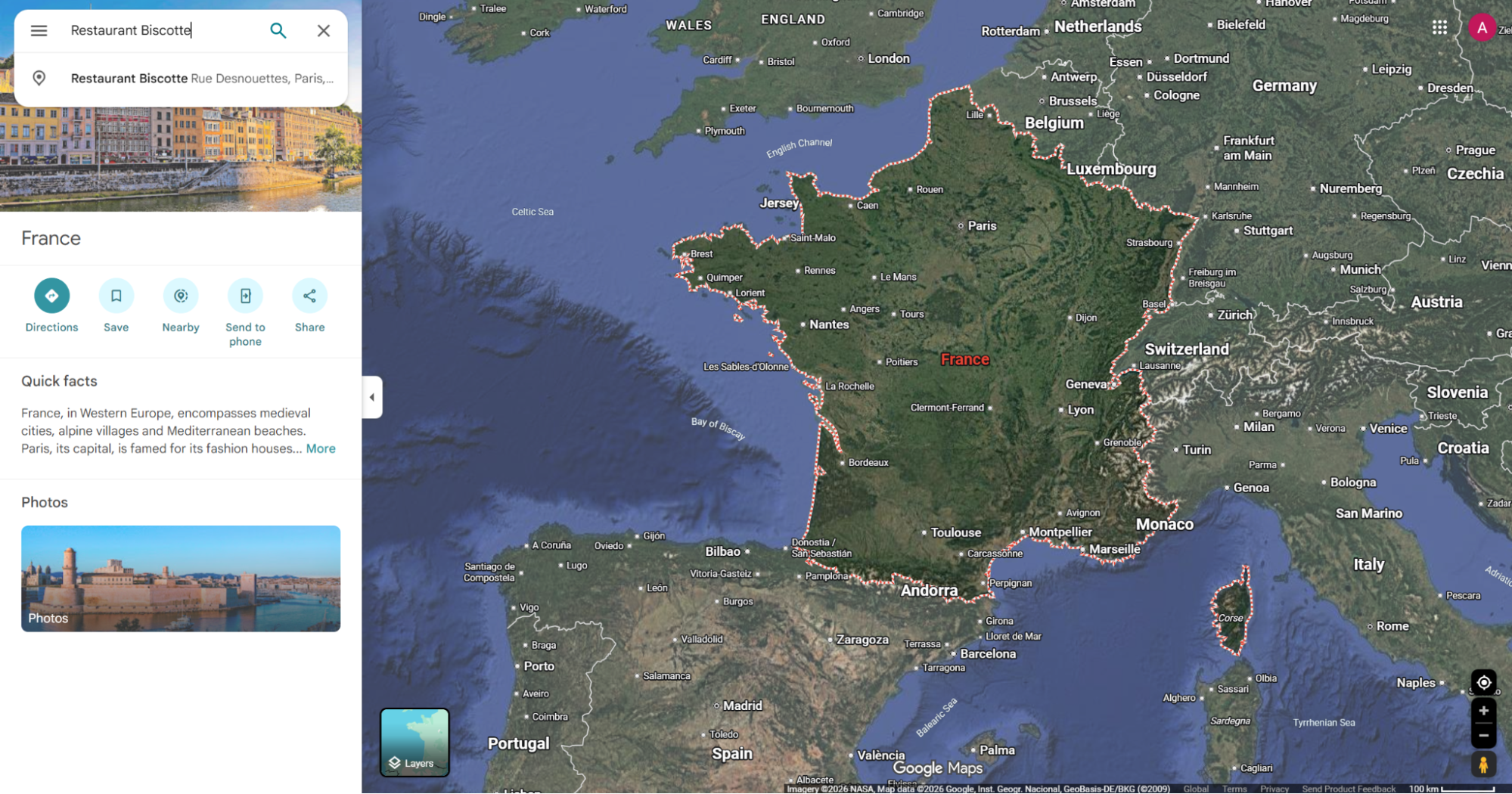 Google Maps searching Restaurant Biscotte with France map zoomed out