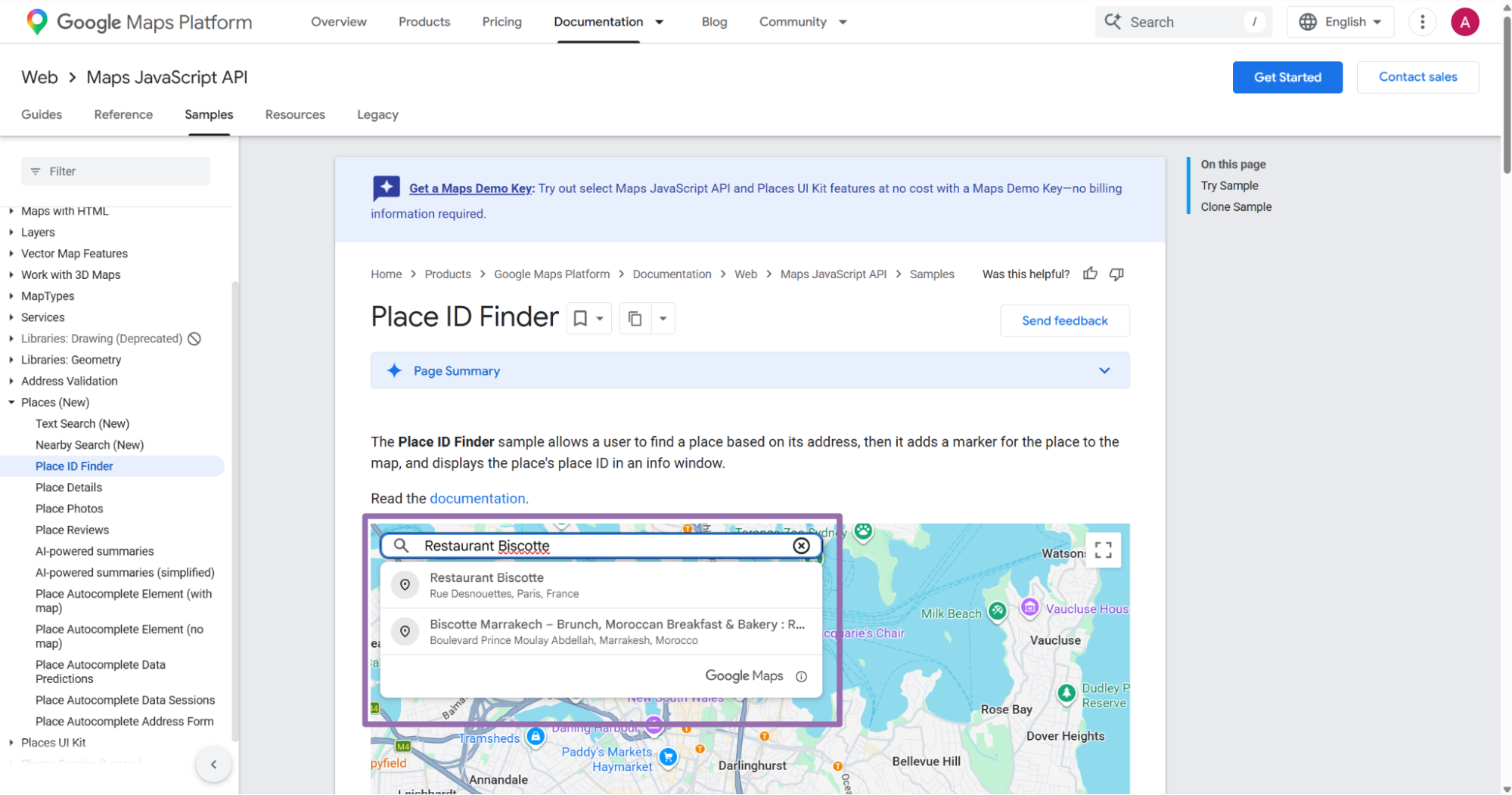 Google Maps Platform Place ID Finder docs searching Restaurant Biscotte