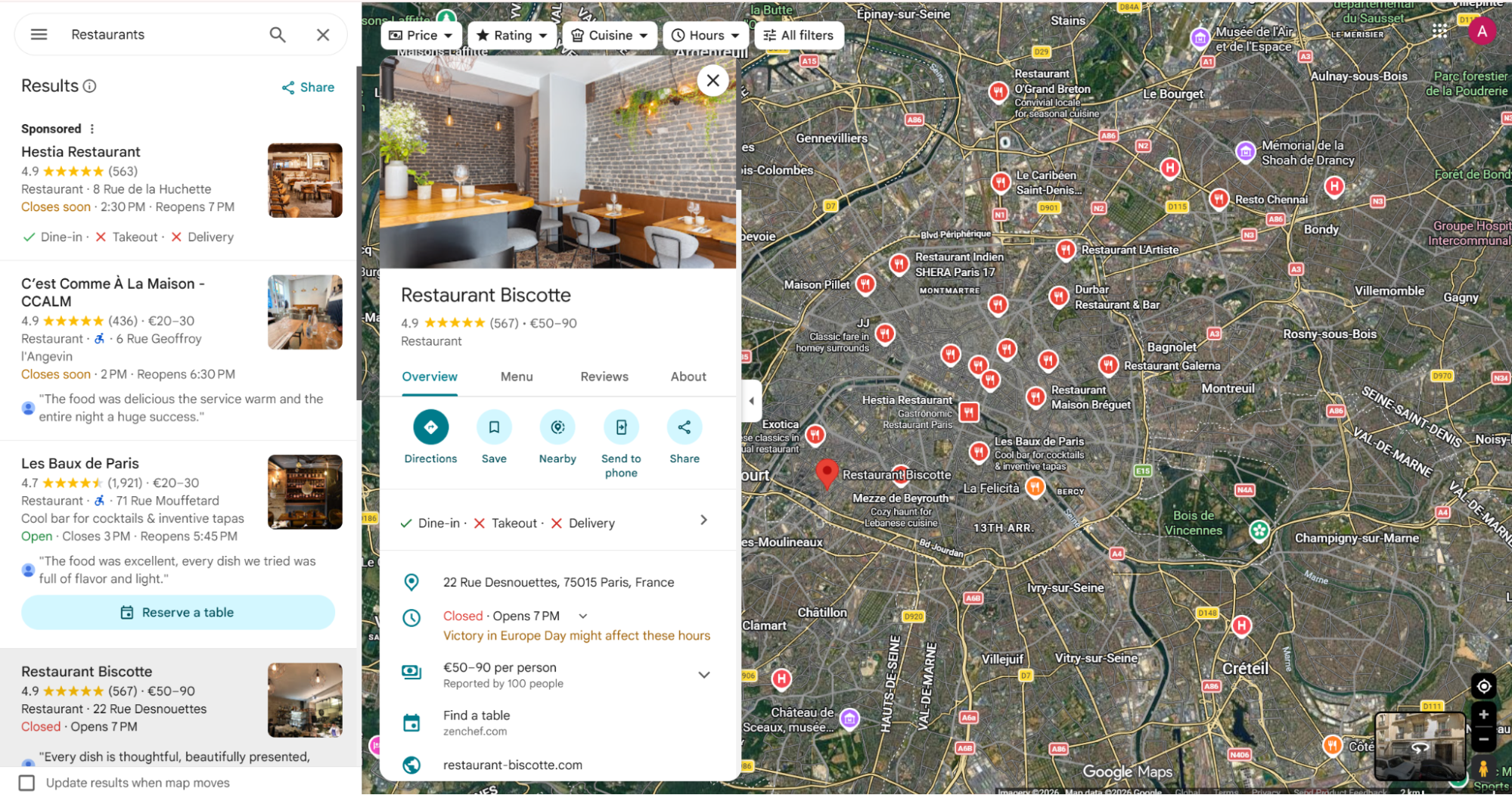 Google Maps Restaurant Biscotte listing panel with Paris map results