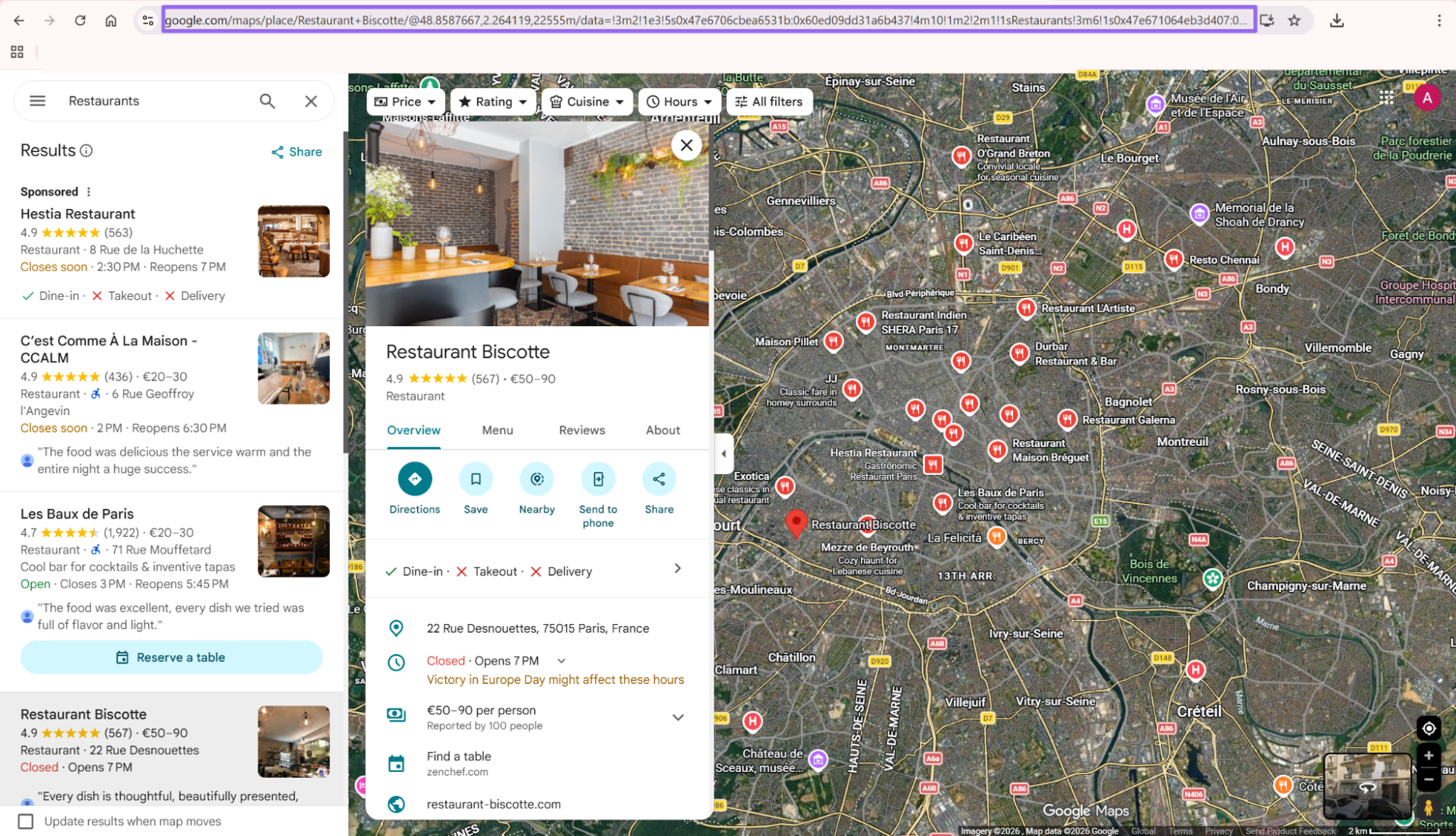 Google Maps Restaurant Biscotte page with address bar URL highlighted