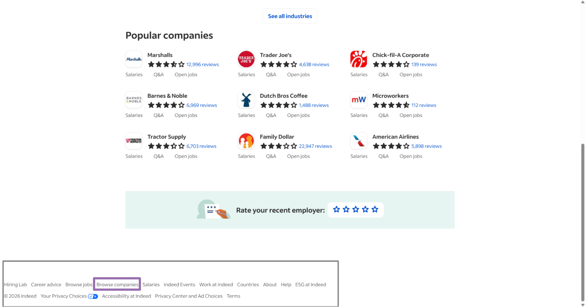 Indeed footer section with the Browse Companies button
