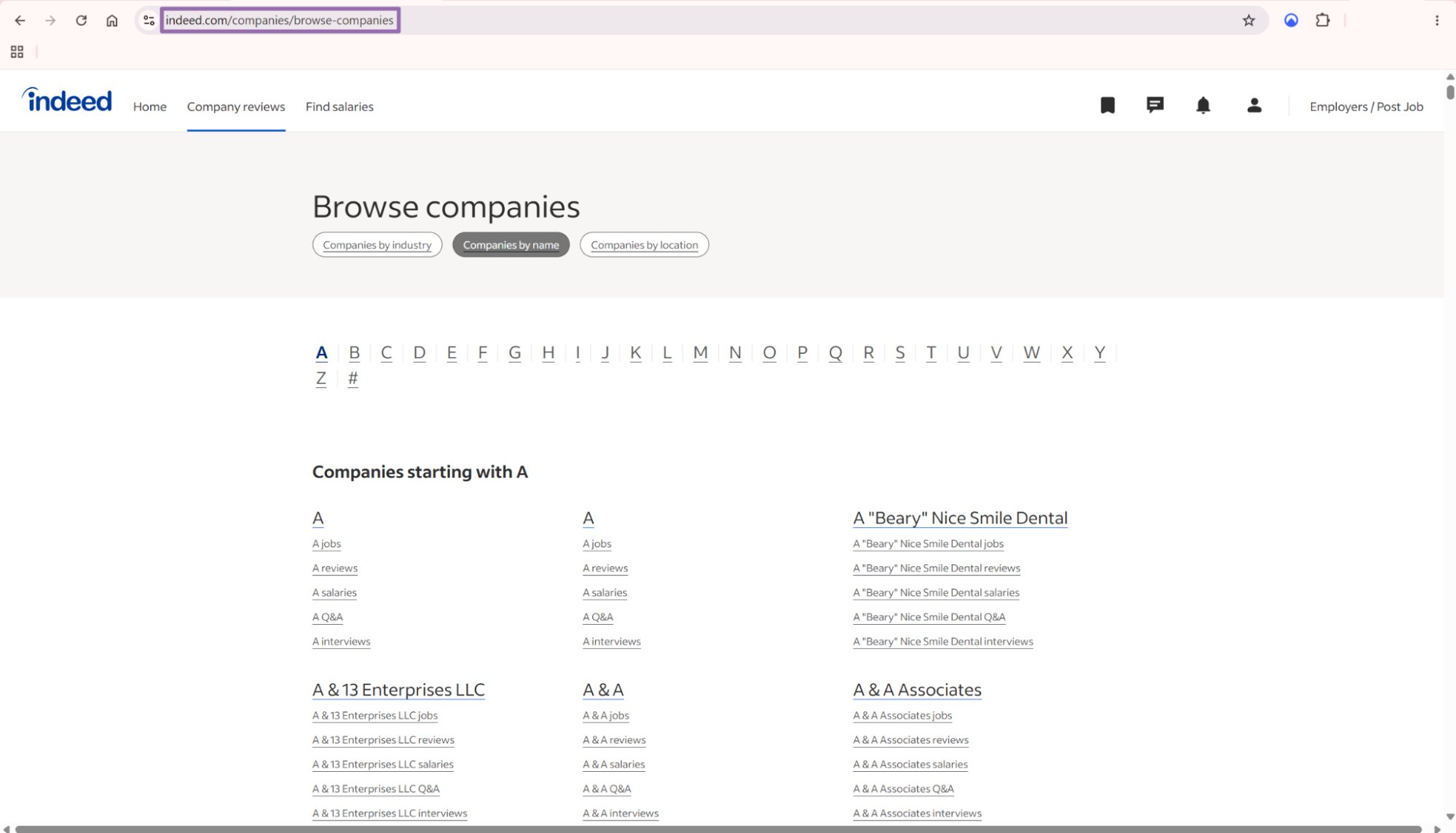 Indeed Browse Companies URL in the browser address bar