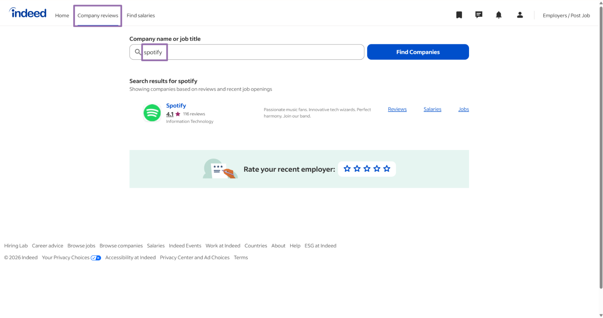Indeed company keyword search page