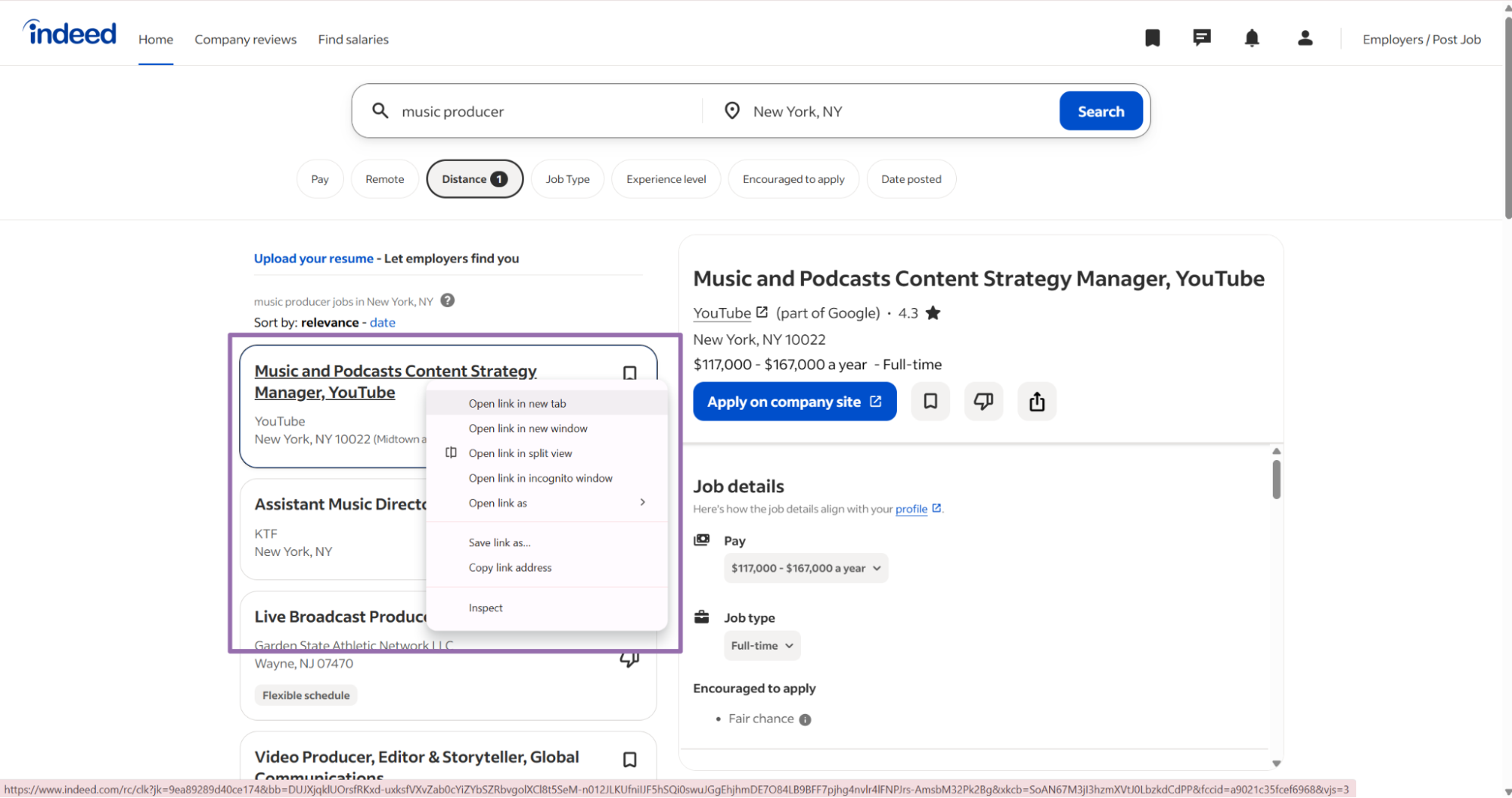 Right-click the job title you want and open it in a new tab