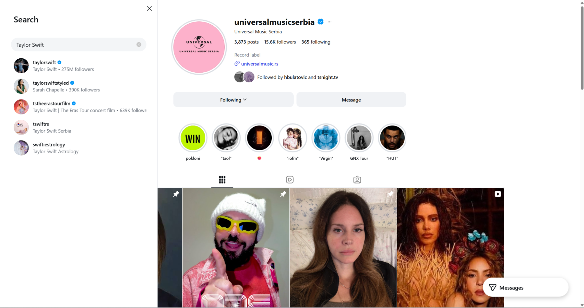 Instagram search panel showing Taylor Swift account suggestions