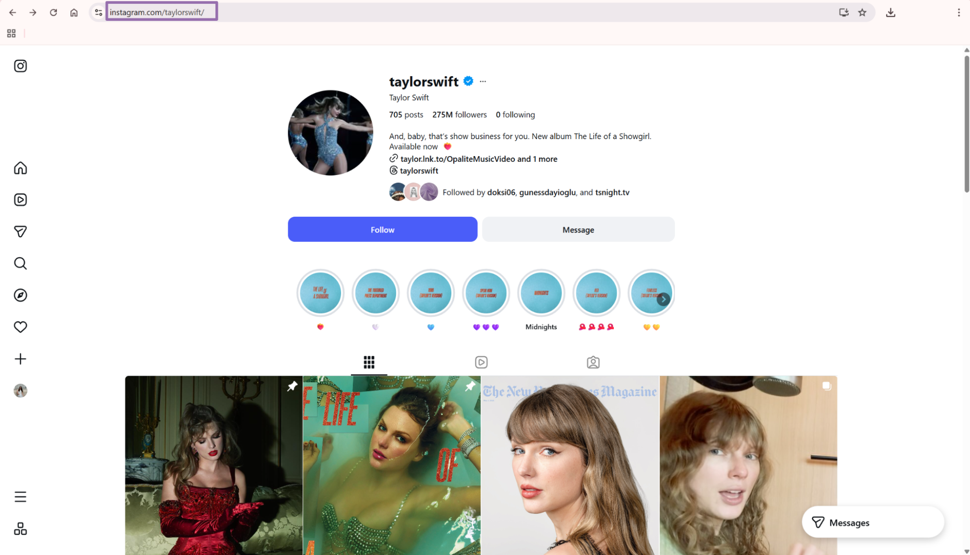 Instagram taylorswift profile with address bar URL highlighted