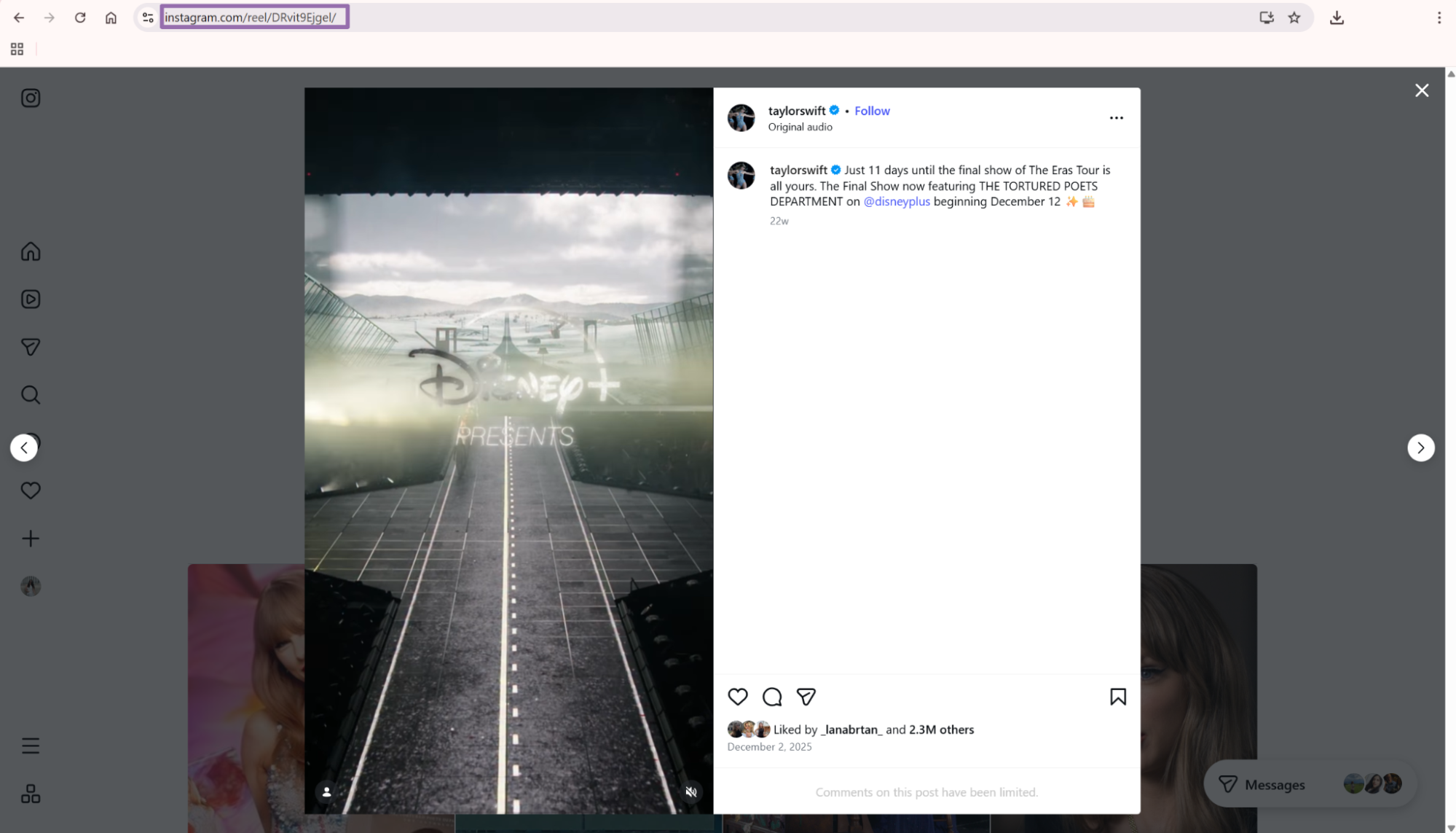 Instagram Taylor Swift Eras Tour Reel open with URL highlighted