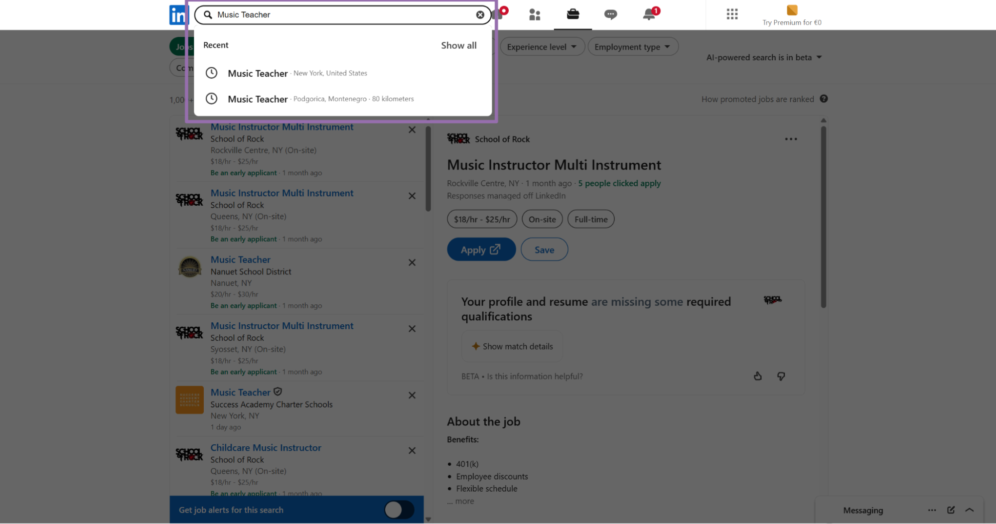 LinkedIn Jobs recent location suggestions dropdown
