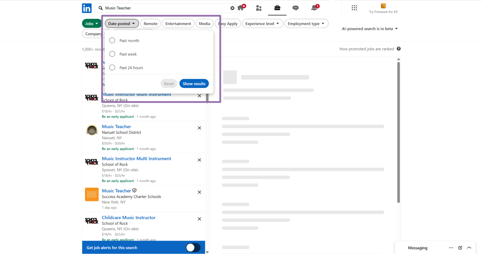 LinkedIn Jobs date posted filter options
